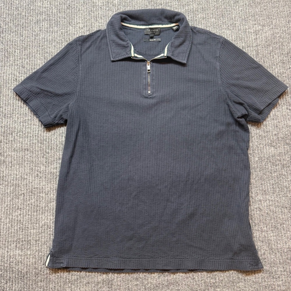 Ted Baker Dark Blue Ribbed Polo Shirt Mens Size 3 M Quarter Zip Smart Casual